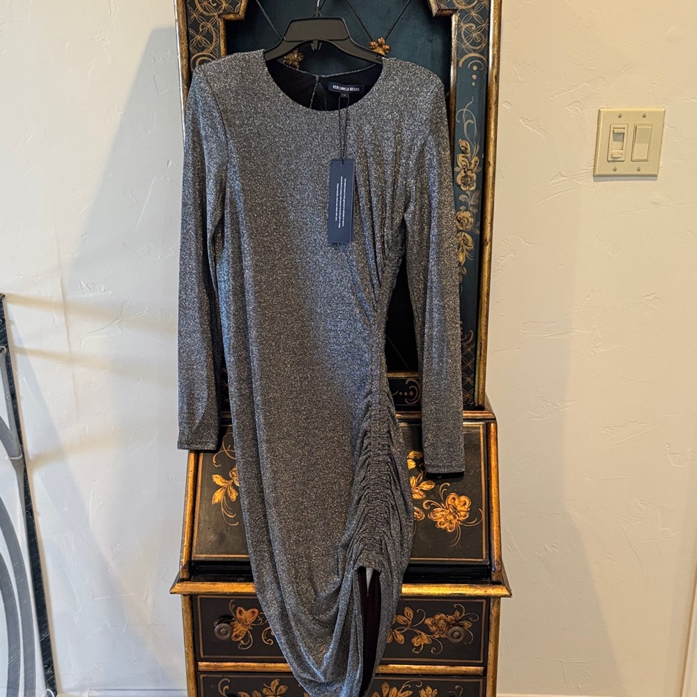 Veronica Beard Metallic Gray Long Sleeve Dress